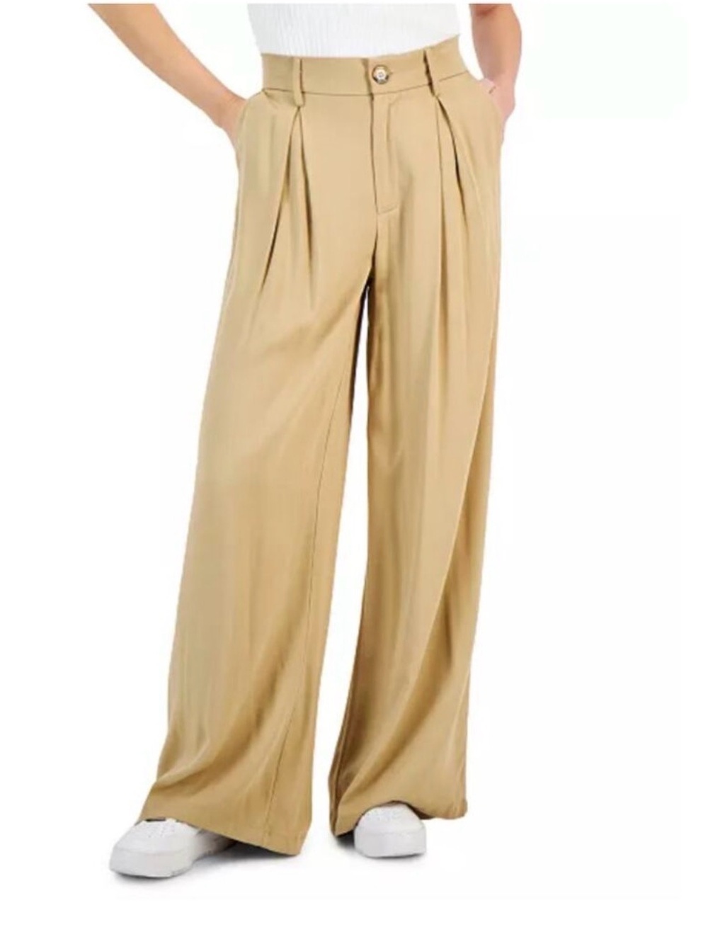 AND NOW THIS Tan High Rise Pleated Wide Leg Trouser Pants Viscose Flowy Large